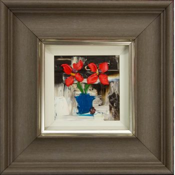Colin Flack Red Flowers painting on board. Frame measures 35L x 35H cm, painting measures 14L x 14H. Price includes nationwide delivery