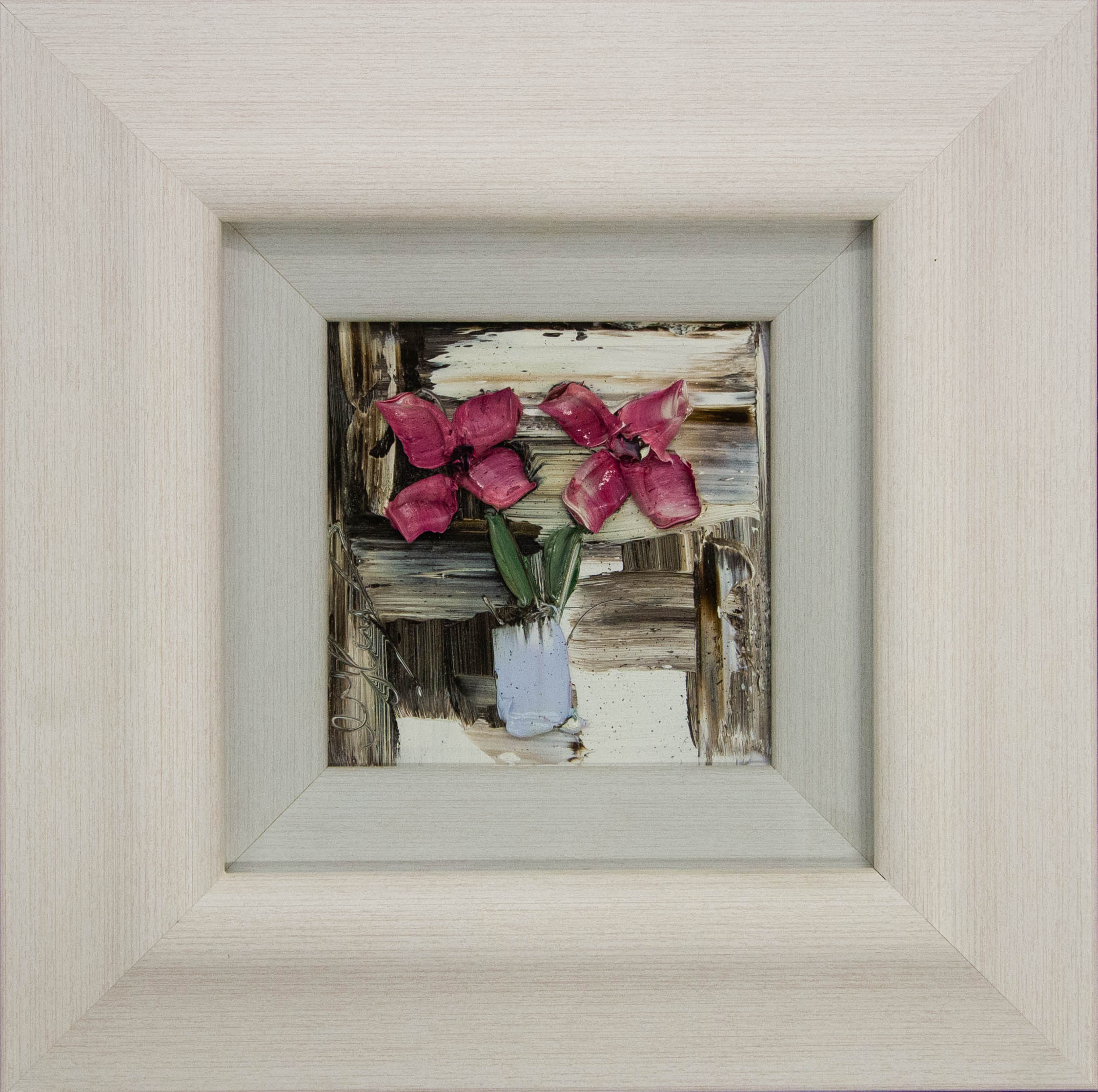 IMG_0595 Colin Flack Pink Flowers painting on board. Frame measures 34L x 34.5H cm, painting measures 14L x 14H. Price includes nationwide delivery