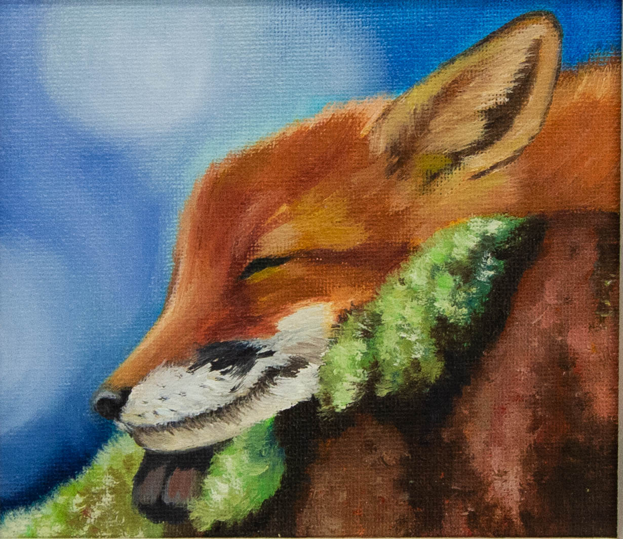IMG_0604 John Hornubia Sleeping Fox oil painting on board. Frame measures 31.5L x 30H cm, painting measures 15L x 13H. Price includes nationwide delivery