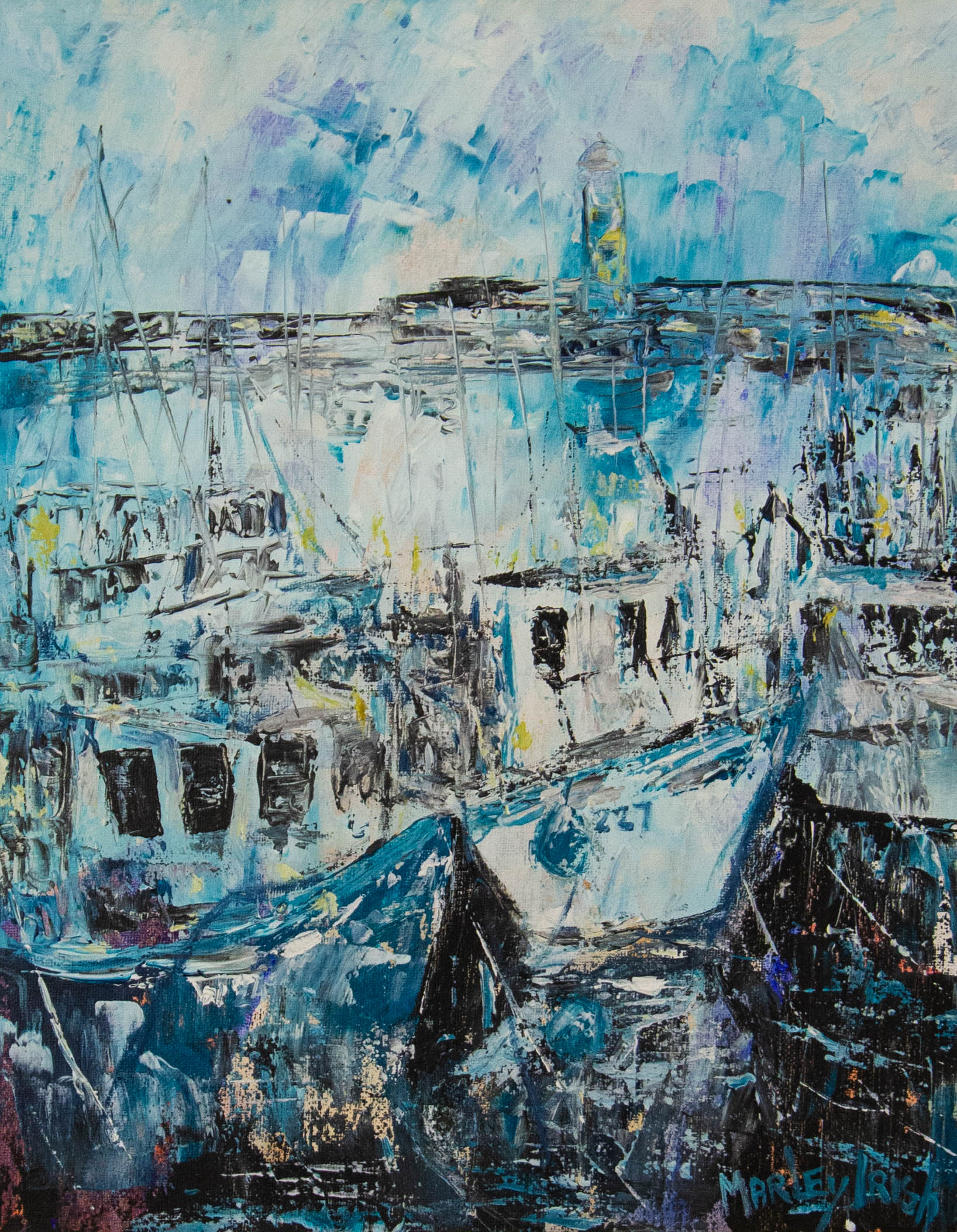 IMG_1741 Marley Irish "Evening Reflections Dunmore East" acrylic painting on canvas. Frame measures 51.5L x 61.5H, painting measures 36L x 46H in cm. Price includes nationwide delivery