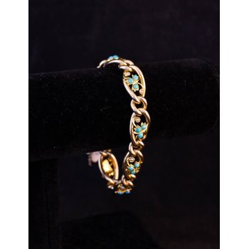 15k yellow gold fancy link bracelet set with turquoise and seed pearls. Weight 19g, total length 16cm. Price includes nationwide delivery