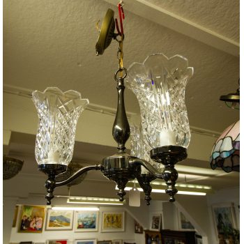 Modern Waterford Crystal three branch crystal and metal chandelier. Measures 35H x 33W in cm. Price includes nationwide delivery