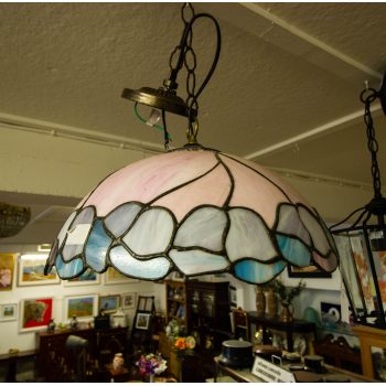 Pink Tiffany style leaded glass ceiling light. Measures 37W x 20H cm. Price includes nationwide delivery
