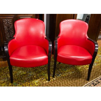 Pair of cherry red leather button back club chairs. Measures 65W x 50D (seat) x 89h in cm. Price includes nationwide delivery