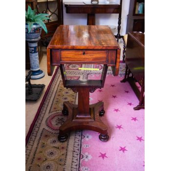 William IV mahogany drop leaf table on pod with drawer. Originally a work table or sewing table, but missing the storage basket underneath. Measures 42W (closed), 79W open x 51.5D x 80H in cm. Price includes nationwide delivery