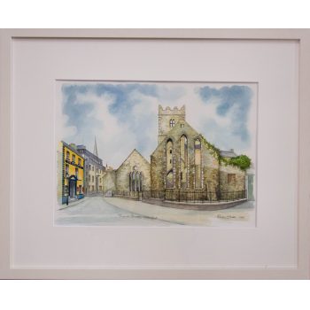 Roisin O'Shea watercolour painting French Church, Greyfriars and Baileys New Street, Waterford. Frame measures 55.5 x 45.5cm, painting measures 36 x 25.5cm. Price includes nationwide delivery