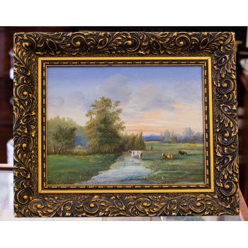 19th century Dutch school oil painting on board landscape of cows. Frame measures 31L x 26H, painting measures 22 x 17 cm. Price includes nationwide delivery