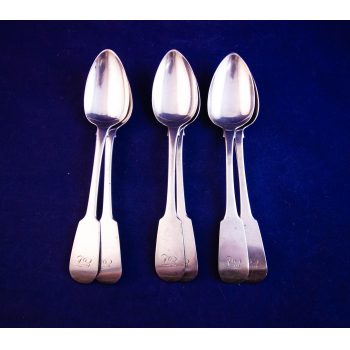 Set of six Irish silver tea spoons. Stamped Dublin 1823 by William Cummins