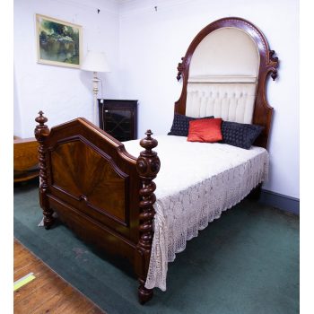 Victorian mahogany 4'6" bed (complete with base and mattress) with upholstered bed head, barley twist end, and on castors. Measures 7'3"H. Price includes nationwide delivery.