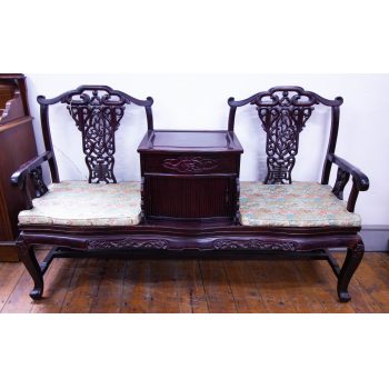 Chinese styled double ended hall chair with shaped front with tambour door and drawer. Measures 155L x 49D x 98H in cm. Price includes nationwide delivery.