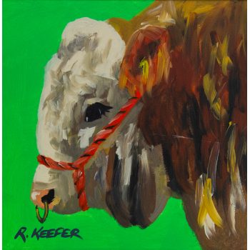 Ronald Keefer oil painting on board "Green Bull". Frame measures 42w x 42h in cm, painting measures 29w x 29h cm. Price includes nationwide delivery