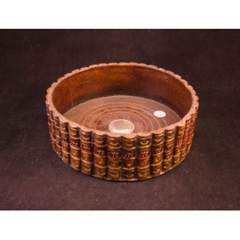 Mahogany style wine coaster with book shaped design surrounding with silver insert