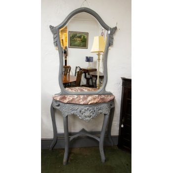 Continental painted grey marble top console table with matching mirror. Console table measures 105L x 37D x 87H, mirror measures 90W x 120H in cm. Price includes nationwide delivery