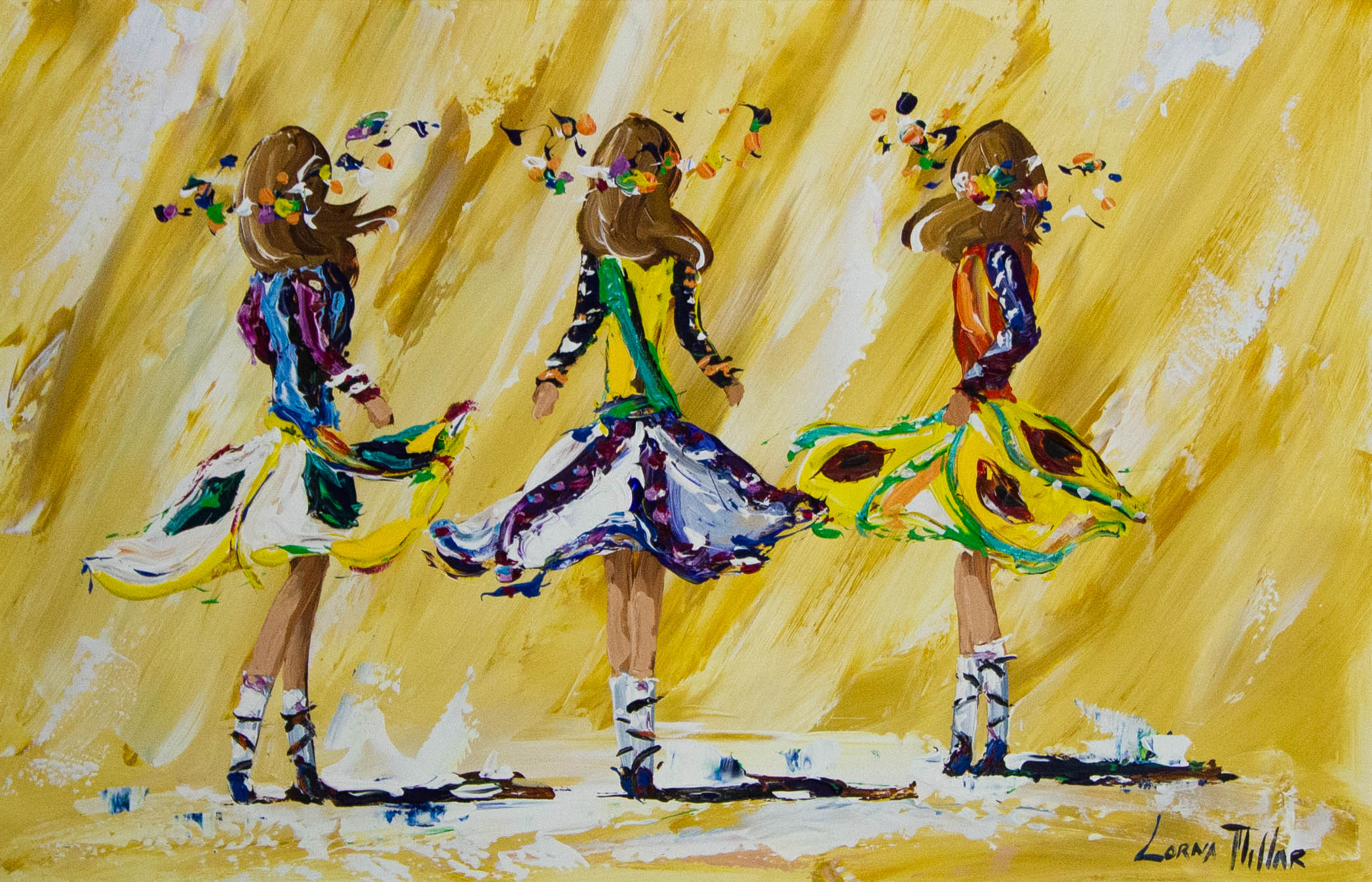 IMG_8845 Lorna Millar Three Dancing Girls in yellow. Frame measures 99 x 73.5cm, painting measures 75 x 49.5cm. Price includes nationwide delivery