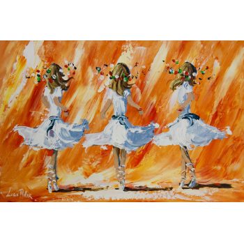 Lorna Millar Three Dancing Girls in orange. Frame measures 100 x 74cm, painting measures 75 x 50cm. Price includes nationwide delivery